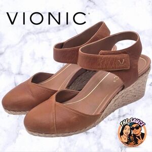 Vionic Loka Leather Espadrille Wedge Sandals Women 10 Tan Orthotic Comfort Boho